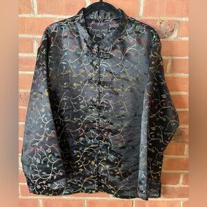 ROBERT LEWIS Medium Black Silk Floral Embroidered Button Up Oriental Jacket
